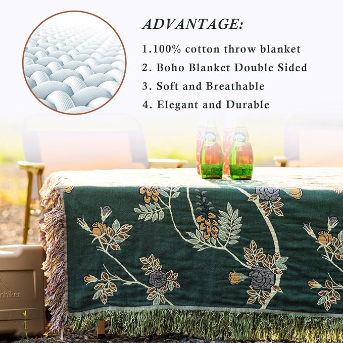 Snycler Boho Throw Blanket for Bed - 100% Cotton Ultra Soft Rustic Quilt Green Hummingbird Printed Farmhouse Decor Bed Blankets,60"×80" All Season Rustic Throw for Sofa Couch Chair