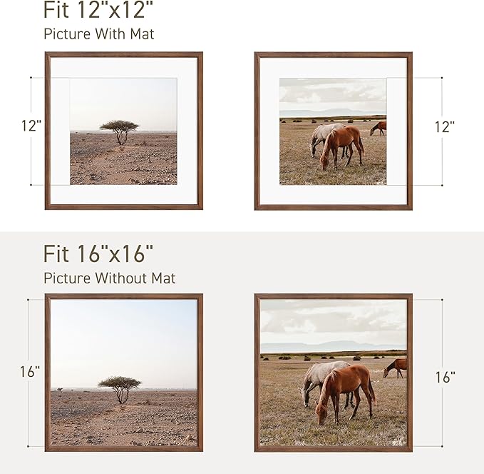 16x16 Picture Frame Natural Solid Walnut Photo Frames with 12x12 Removable Mat Wall Hanging Large Handcrafted Frame with HD Plexiglass Wall and Tabletop Display Large Poster Frame