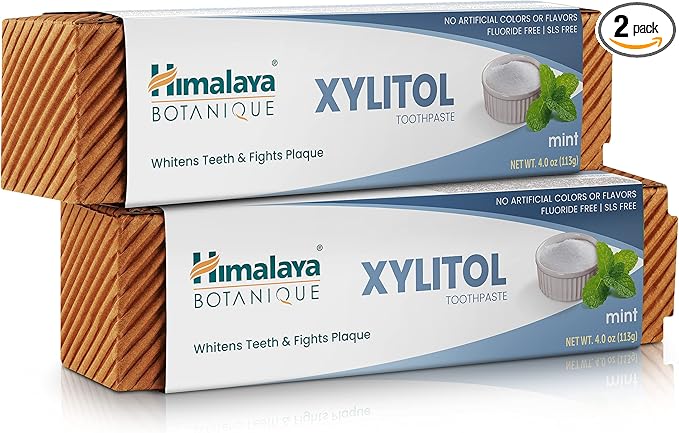 Himalaya Botanique Whitening Antiplaque Toothpaste with Xylitol, Fluoride Free, for Plaque Reduction & Gentle Whitening, 4 oz, 2 Pack