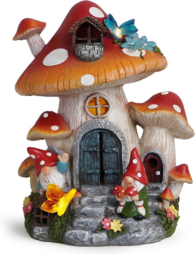 Hodao Spring Garden Mushroom Gnomes Decorations Mushroom House Ornaments Decor for Porch, Garden Yard Spring Lighting House for Outdoor Decor Birthday Gifts for Mom, Grandma,Women