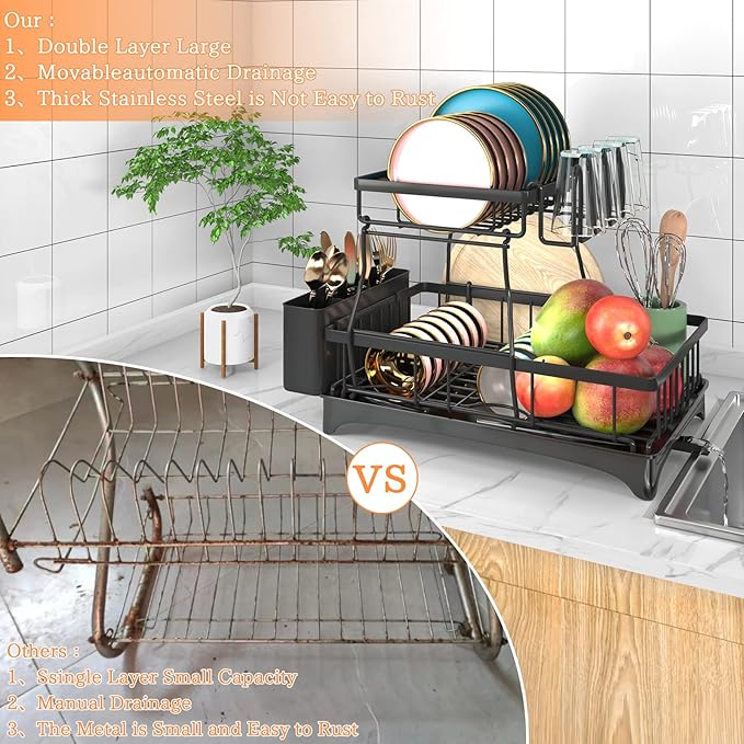 Godboat Dish Drying Rack, 2-Tier Dish Rack with Auto-Drain & Mat, Dish Racks for Kitchen Counter, Dish Drainer with Knife, Fork & Cup Rack, Gifts for Women, Mothers Day, Cool Stuff & Kitchen Gadgets