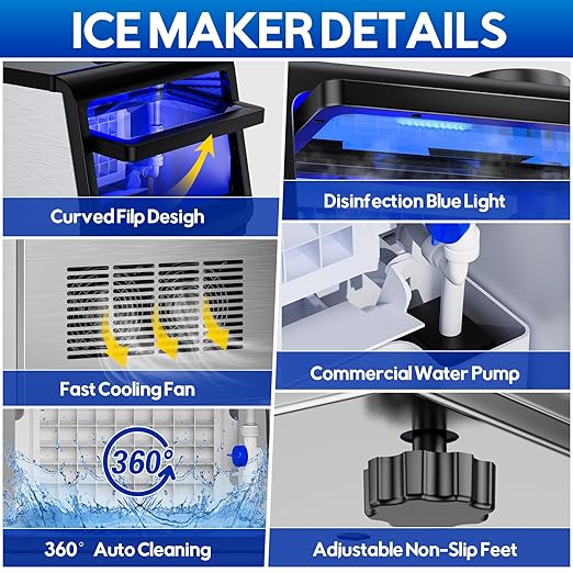 Commercial Ice Maker Machine, 110Lbs/24H, 30Lbs Storage, 36Pcs Clear Ice Cubes in 10-15Mins, Stainless Steel Under Counter or Freestanding Ice Machine - 2 Water Inlet Modes, for Home Party Office