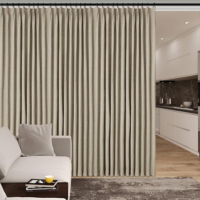 Light Khaki Pinch Pleat 100% Blackout Drapes Linen Blend, Room Divider, Room Darkening, Energy Saving, Furniture Protecting, Light Blocking Extra Wide Privacy Curtains, 240Wx84L, 1 PC