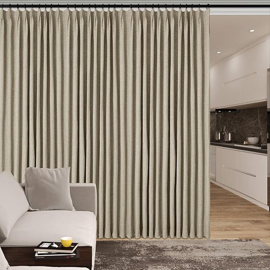 Light Khaki Pinch Pleat 100% Blackout Drapes Linen Blend, Room Divider, Room Darkening, Energy Saving, Furniture Protecting, Light Blocking Extra Wide Privacy Curtains, 240Wx84L, 1 PC