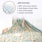 Snycler Boho Throw Blanket for Bed - 100% Cotton Ultra Soft Rustic Quilt - Blue Boho Floral Printed Farmhouse Decor Bed Blankets, 91"×98" All Season Rustic Throw for Sofa Couch Chair