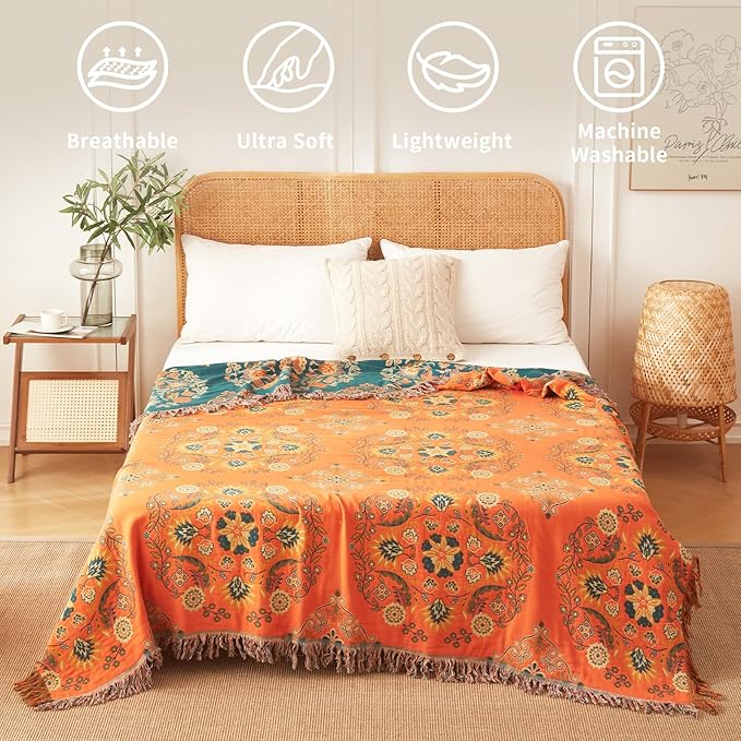 Colorful Throw Blanket 80"x90" Pure Cotton Luxury Throw Rustic Quilt Floral Pattern Home Decor Orange Blanket Lightweight Picnic Blanket(80"x90",04-Garland)