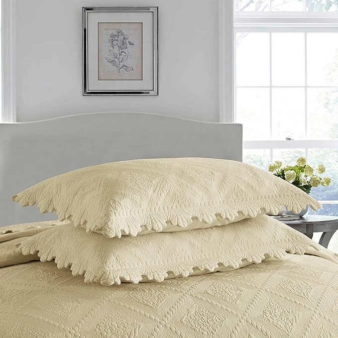 MarCielo 3-Piece 100% Cotton Oversized Bedspread Lightweight Quilt Coverlet Embroidery Farmhouse Bedding Set (Tk Beige Khaki, Oversized Queen (100"x106"))
