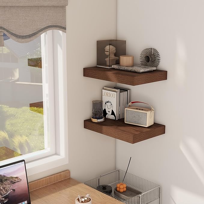 12 Inch Deep Floating Shelves, 16 x 12 Floating Shelf for Books, Rustic Wood Deep Wall Shelves for Home Storage & Display, 2" Thicked Shelves for Kitchen, Living Room, Bedroom, Walnut Color, 2 Pack