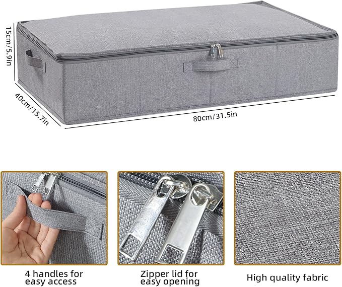 Under the Bed Storage Bins, 31.5 x 15.7 x 5.9 Inch Closet Organizers with Reinforced Handles for Blanket, Sheets, Pillows, Towels, Shoes, Grey, 2 Pack