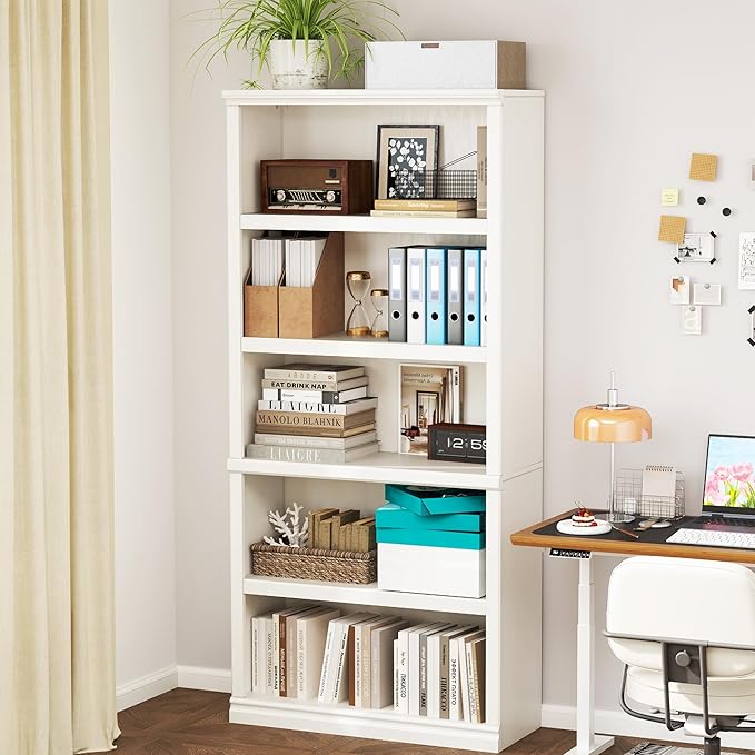70-Inch Tall White Bookcase, 5 Tiers Shelves Open Storage Bookshelf, 33 in Wide Anti Tipping Indoor Furniture, Book Cases for Home Library Office Bedroom School
