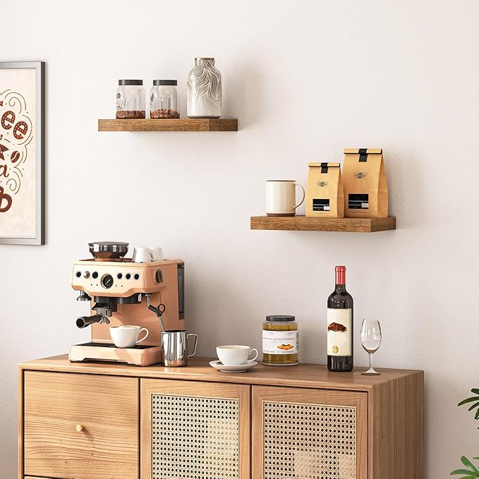 HOOBRO Floating Shelves for Wall, Wall Mounted Shelf Set of 2, 15.7" Hanging Shelf with Invisible Brackets, for Wall in Bathroom, Bedroom, Toilet, Kitchen, Living Room, Office, Rustic Brown BF40BJ01