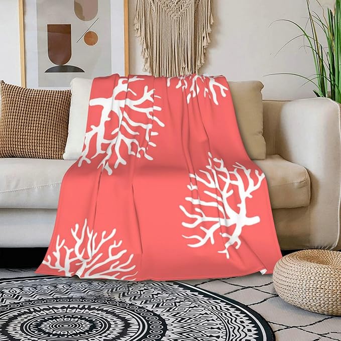 HGOD DESIGNS Beach Coral Fleece Throw Blanket Soft Cozy Coral Fuzzy Blanket Caring for Women & Adults Ocean Coral Pink Branch Reef Nature Red White Plush Microfiber Blanket 50"x60"
