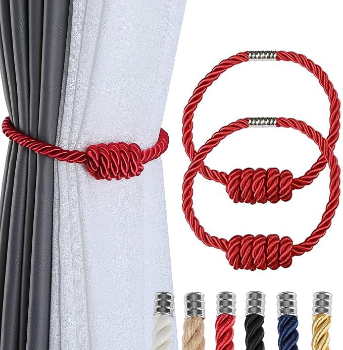 Fenghuangwu 2Pack Magnetic Curtain Tiebacks – Bohemian Style Handmade Woven Tie-Backs for Drapes,Elegant Exquisite Knot Holdbacks,Outdoor Boho & Modern Home Decor -Red