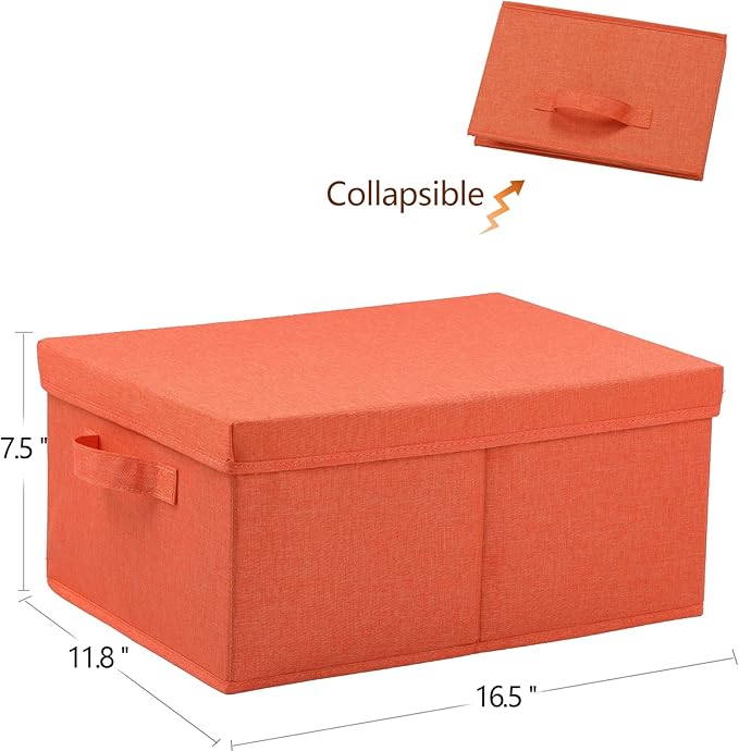 HOONEX Storage Bins with Lids for Organizing, Pack of 2, Storage Boxes with 2 Carrying Handles and Sturdy Heavy Cardboard, 16.5" L x 11.8" W x 7.5" H for Shoes, Books, Clothes, Nursery, Orange