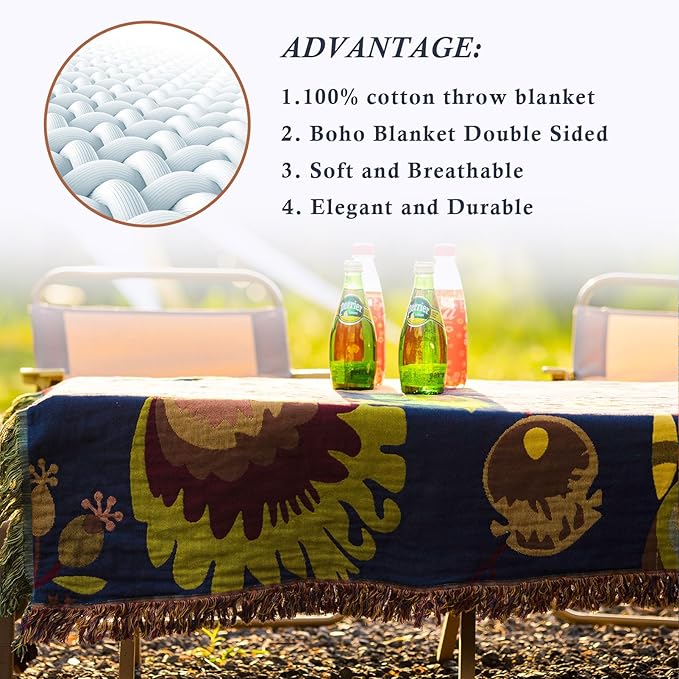 Snycler Boho Throw Blanket for Bed, 100% Organic Cotton Muslin Soft Throw-Blue Boho Floral Farmhouse Rustic Spring Summer Fall Decor Blanket for Couch Sofa Quilt and Gift, 80" x 90"