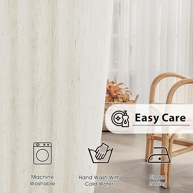 FMFUNCTEX Linen Sheer Sliding Door Curtains for Bedroom, Beige Curtains 108 Inches Long Window Curtain Drapes for Living Room, Natural Patio Glass Door Extra 100 Wide Curtain, Rod Pocket 1 Panel
