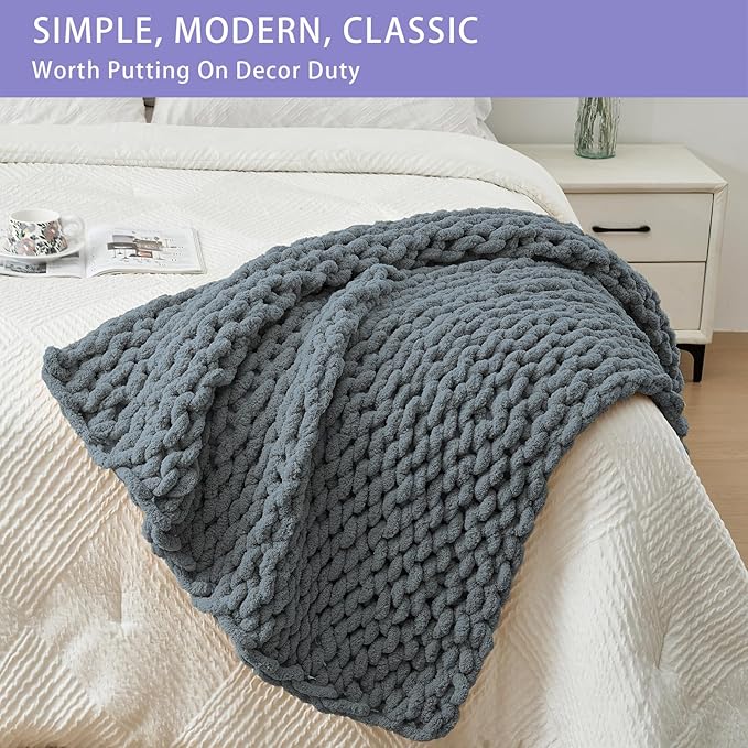 Bigacogo Chunky Knit Throw Blanket for Couch, 40x40 inches, 100% Hand Knitted with Thick Jumbo Chenille Yarn, Cozy Soft Large Rope Knot Cable Crochet Blankets for Sofa Bed Living Room, Iron Gray