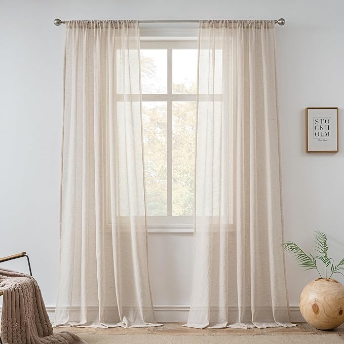 FMFUNCTEX Linen Sheer Curtains for Bedroom, Taupe Curtains 63 Inch Length for Living Room, Brown Farmhouse French Flax Blend Window Draperies, Rod Pocket 2 Panels Set