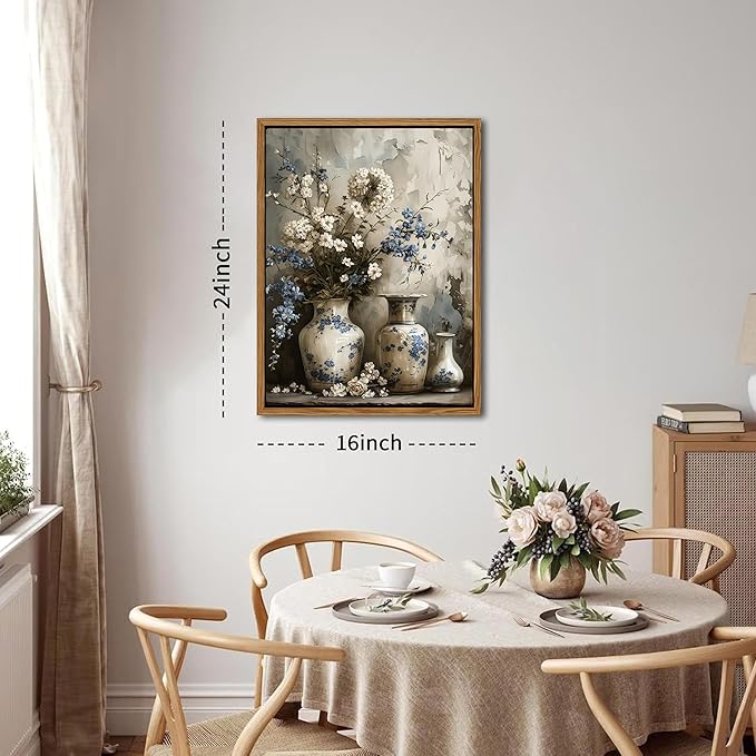 Floating Framed Farmhouse Floral Canvas Wall Art, Vintage Blue and White Flower Pictures Wall Decor, Elegant Art Jar Posters Print for Living Room Bedroom Bathroom Rustic Decor 16x24 inch