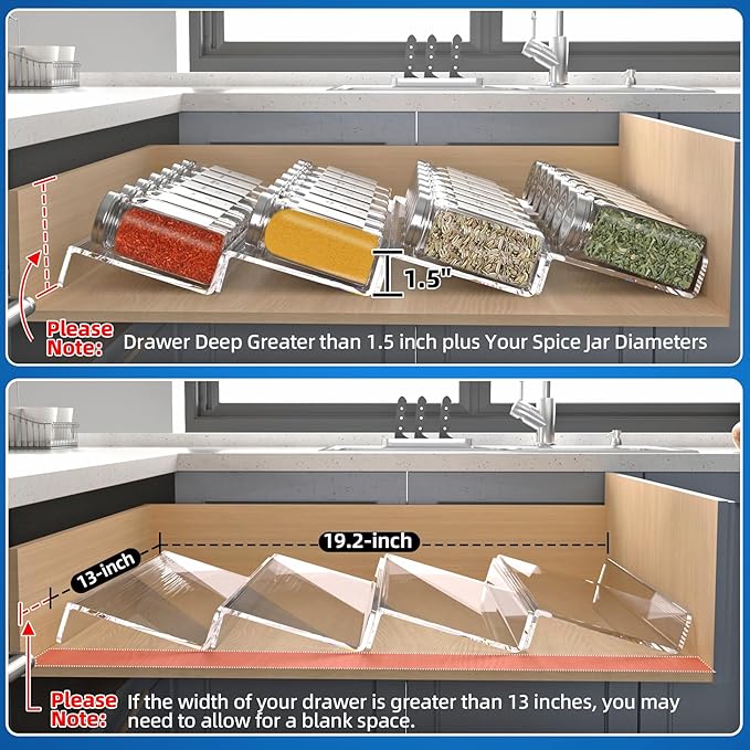 MIUKAA Clear Acrylic Spice Drawer Organizer, 4 Tier Seasoning Jars Drawers Insert, Kitchen Spice Rack Tray for Drawer/Countertop (Jars not included)