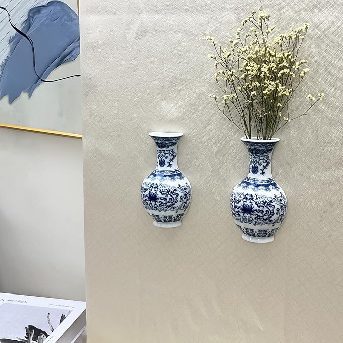 Set of Two Blue and White Porcelain Wall Vases for Flowers – Handmade Chinoiserie Ceramic Wall Mounted Flower Vase, Decorative Hanging Vases for Living Room, Bookshelf & Indoor Décor