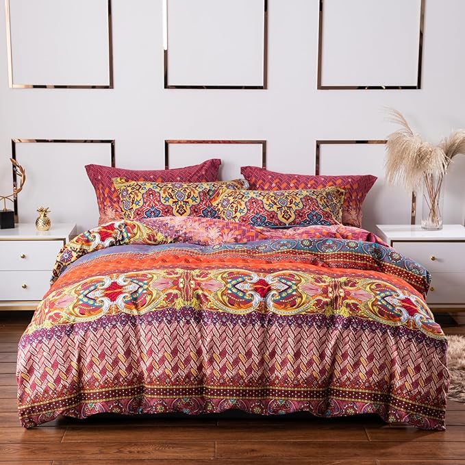 ABREEZE Bohemian Duvet Cover Set Colorful Orange Boho Retro Bedding Set Damask Paisley Cotton Duvet Cover Tribal Reversible Bedding Exotic Style Comforter Cover 3-Piece Queen