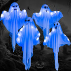 4 Pack Halloween Hanging Ghost Decorations, 27.5" Light Up Spooky Floating Ghosts with LED Glow, Waterproof Outdoor & Indoor Haunted House, Porch, Yard, Garden Party Decor