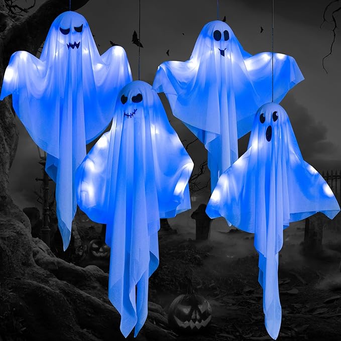 4 Pack Halloween Hanging Ghost Decorations, 27.5" Light Up Spooky Floating Ghosts with LED Glow, Waterproof Outdoor & Indoor Haunted House, Porch, Yard, Garden Party Decor