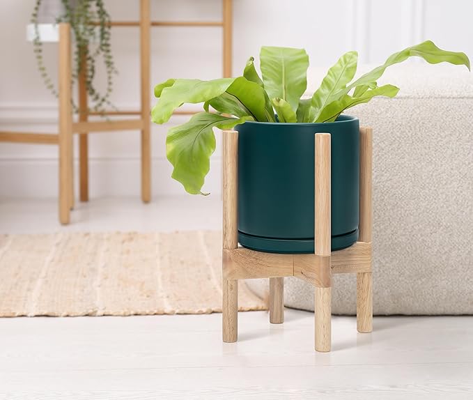 D'vine Dev Ceramic Planter with Natural Stand - 8 Inch Modern Round Flower Pot with Wood Planter Holder, Teal, 55-B-N-4