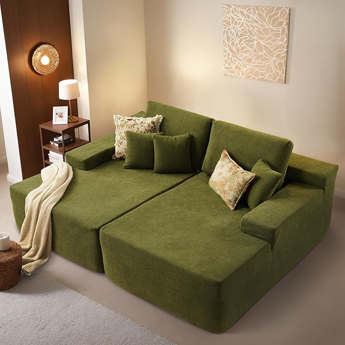 ovios 81" Oversized Sectional Double Lounge Chaise with Cloud Plush Sofa Bed, No Assembly Required, Fluffy Modern Sleeper Loveseat Chair for Indoor Living Room Bedroom Reading, Green (Cloud Velvet)