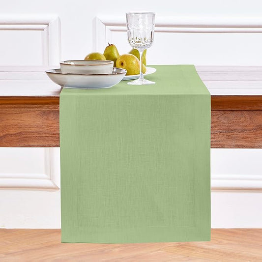 Solino Home Linen Laurel Green Table Runner 132 Inches Long - 100% Pure Linen Extra Long Table Runner 14 x 132 Inch for Fall, Autumn, Thanksgiving - Fete