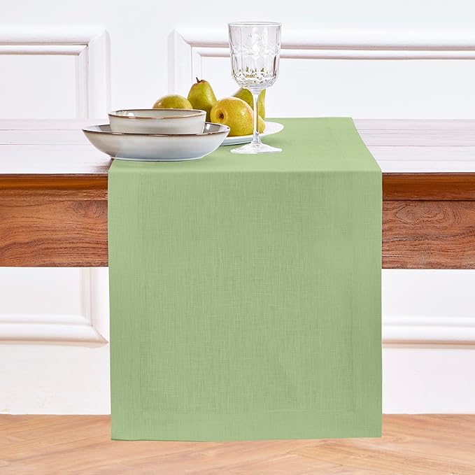 Solino Home Linen Laurel Green Table Runner 144 Inches Long - 100% Pure Linen Extra Long Table Runner 14 x 144 Inch for Fall, Autumn, Thanksgiving - Fete