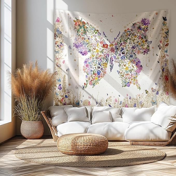 Damanse Butterfly Tapestry Wall Hanging Cute,Boho Wall Tapestry for Bedroom Aesthetic,Flower Living Room Decor for Teen Girls (White, 59.80" x 78.70")