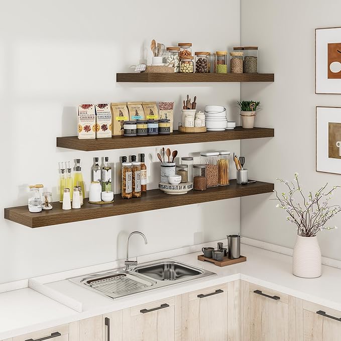 RICHFOCUS 72Inch Floating Shelves for Wall 1 Pack Shelves for Bedroom|Kitchen|Bathroom Wall Mounted Rustic Wood Floating Shelf with Invisible Brackets for Books|Storage|Decor, Walnut
