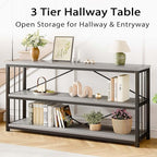 LVB Extra Long 3-Tier Sofa Table, Industrial Console Table with Storage Shelf, Modern Rustic Wood Metal Narrow Entryway Table, Skinny Behind Couch Table for Foyer Living Room Bedroom, Light Grey, 70In
