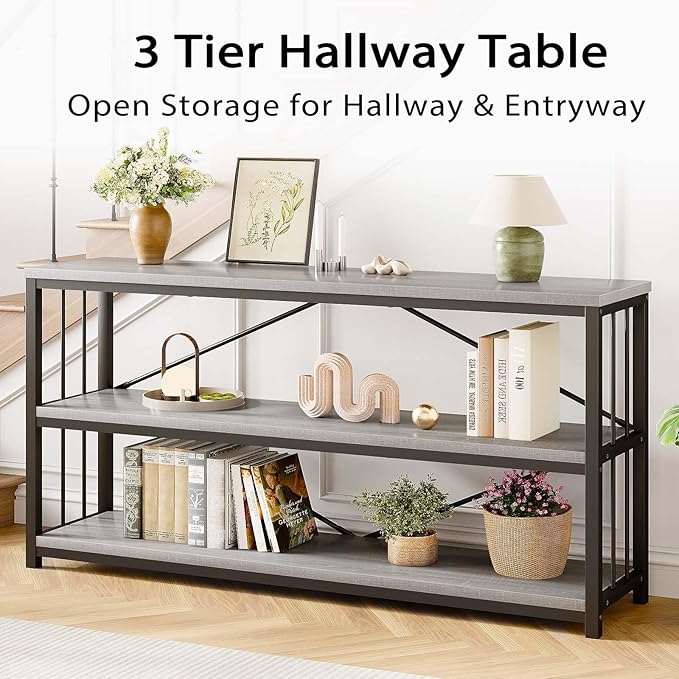 LVB Extra Long 3-Tier Sofa Table, Industrial Console Table with Storage Shelf, Modern Rustic Wood Metal Narrow Entryway Table, Skinny Behind Couch Table for Foyer Living Room Bedroom, Light Grey, 70In