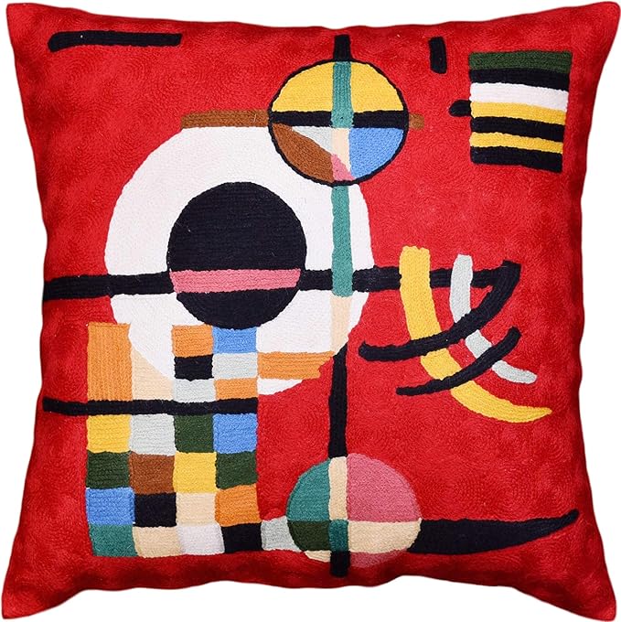 Modern Throw Pillow Cover - Kandinsky Inspired Abstract Pattern - Red - 18" x 18" - Hand Embroidered Wool - Living Room, Office, Bedroom, Outdoor