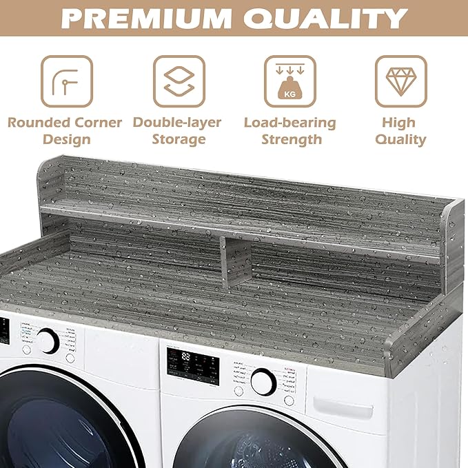 Royxen Laundry Countertop with 2-tier Shelf Universal Fit, Washer and Dryer Countertop with Storage Space, Shelf Height 11.5 Inches, Solid Wood, Eucalyptus