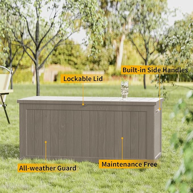270 Gallon Outdoor Storage Box Waterproof Lockable Resin Deck Box Large, Patio Storage Bin for Pool Accessories Cushion Furniture, Garden Tools, UV-Resistant Outside Delivery Grey