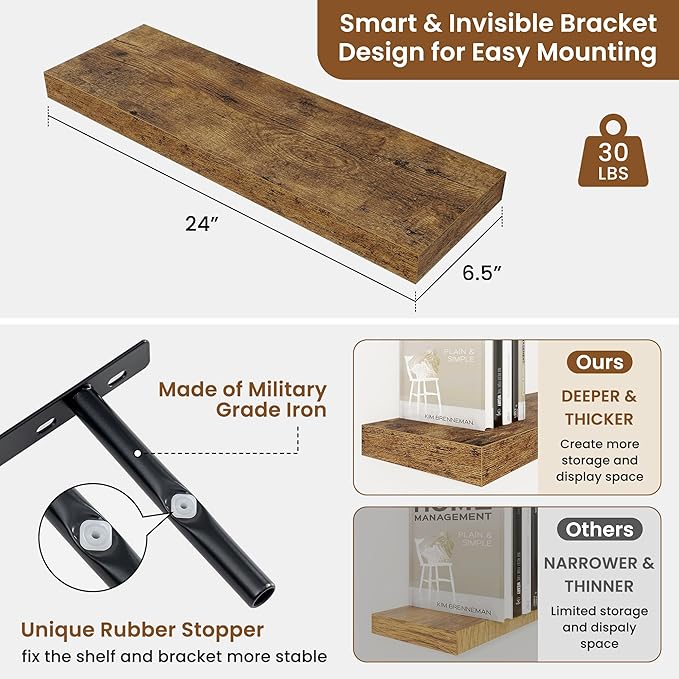 fuqing Floating Shelves for Wall, Bathroom Shelf Wall Mounted for Storage, Shelves with Invisible Bracket for Bedroom, Kitchen, Living Room, Farmhouse Small Book Shelf, 24 Inch Set of 2, Rustic Brown
