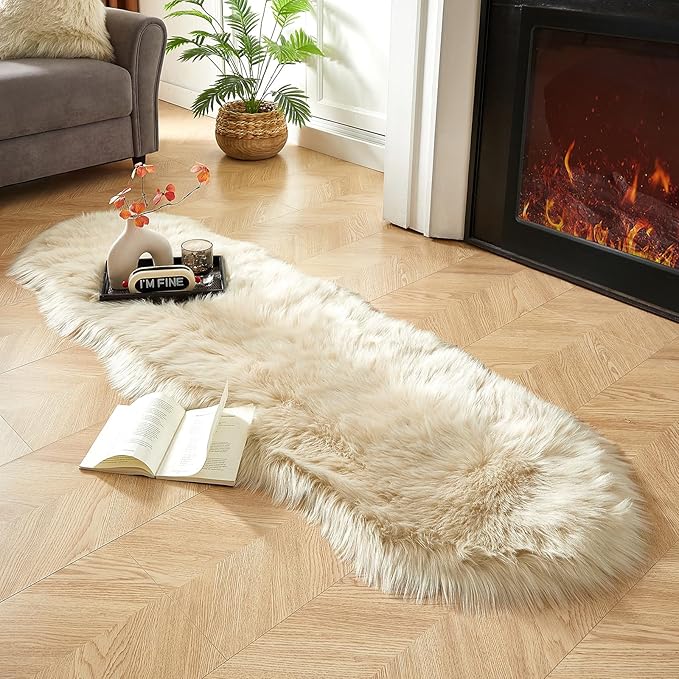AMTOVO Faux Sheepskin Rug, Beige Ultra Soft Fluffy Shag Area Rug, 2 x 6 ft Faux Fur Rug for Bedroom Sofa Throw Cushion Room Decor, Sheepskin