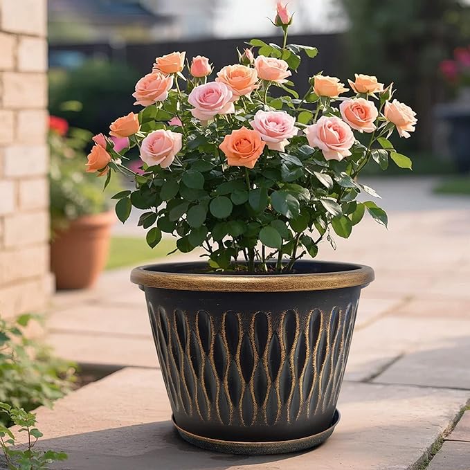 4 Pack 10 Inch Retro Plant Pots, Vintage Striped Flower Pots with Drainage Hole & Saucer, Large Plastic Planters for Indoor and Outdoor Plants, Decorative Garden Pots(Gold)