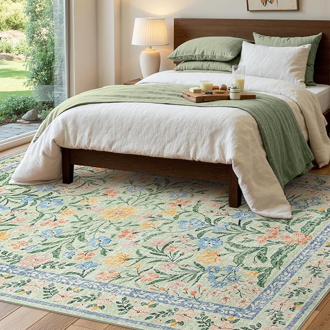 Wonnitar Washable Floral 6x9 Rug, Soft Green Area Rug Boho Non Slip Dining Room Carpet, Non-Shedding Flower Floor Carpets for Kids Bedroom Living Room Dorm Playroom