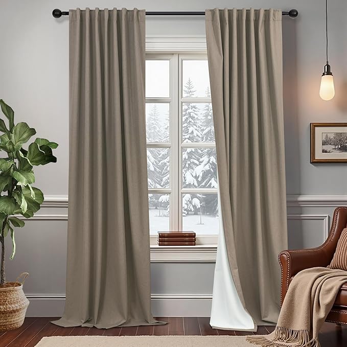 Back Tab Blackout Long Curtains for Living Room Darkening Light Blocking Brown Linen Drape 108 Inch Length 2 Panels Earth Tone Thermal Insulated Noise Reducing Heat Large Window Curtain 9ft Extra Long