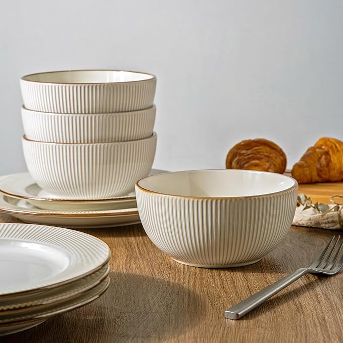 GBHOME Ceramic Dinnerware Sets, 24 pcs Embossed Elegant Stoneware Plates and Bowls Sets, Housewarming Wedding Gift | Dishwasher & Microwave Safe | Dishes Set Service for 8