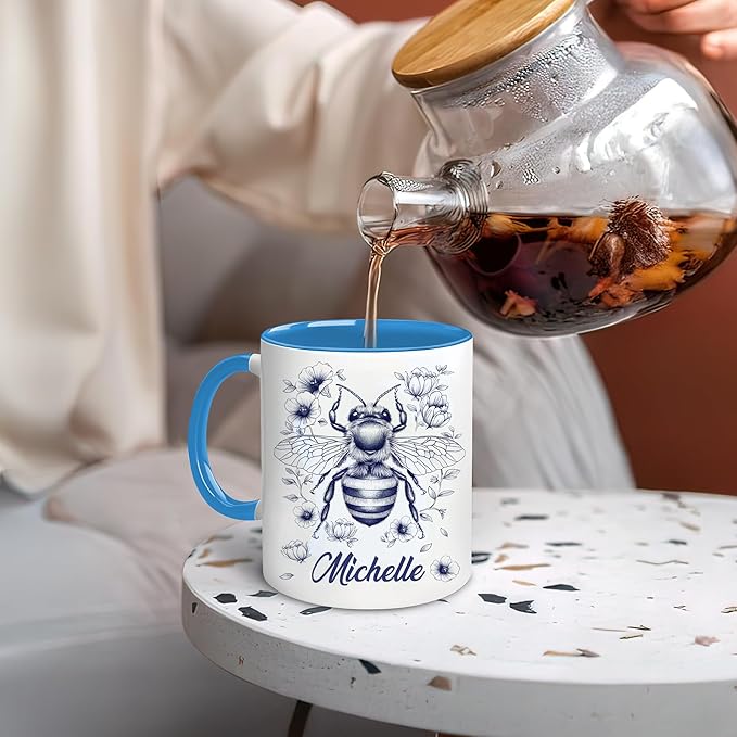Hyturtle Personalized Floral Bee Mug - Bee Keeper Gifts For Women Lovers Teacher - Honey Gifts For Beekeeper Farmer On Birthday - Queen Honeycomb Decor - Custom Coffee Cup Ceramic Mug 11 Oz 15 Oz