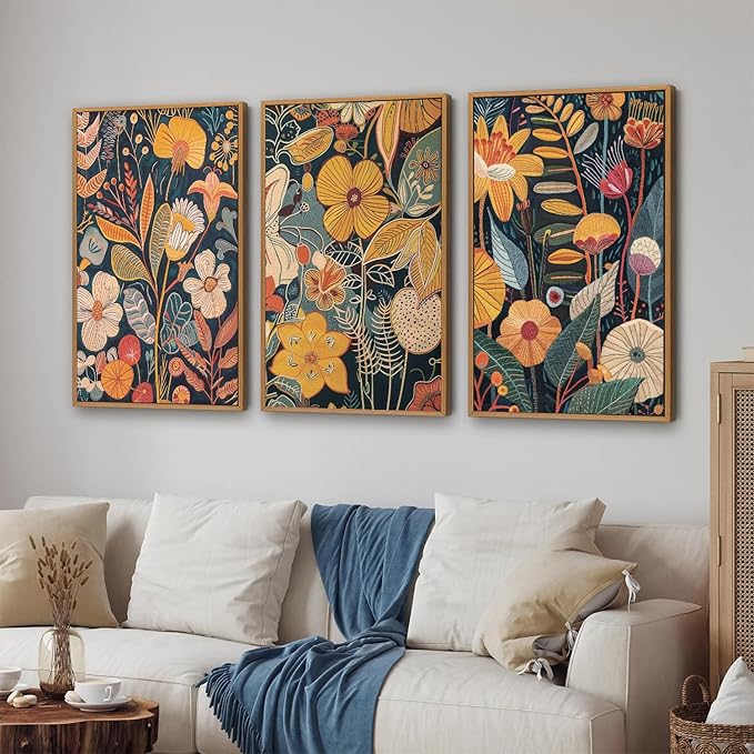 SIGNINART Orange Floral Framed Canvas Wall Art Set of 3, Mid Century Modern Flower Wall Decor, Neutral Plant Artwork, Boho Botanical Art Prints for Bedroom Living Room Office 16"x24"x3