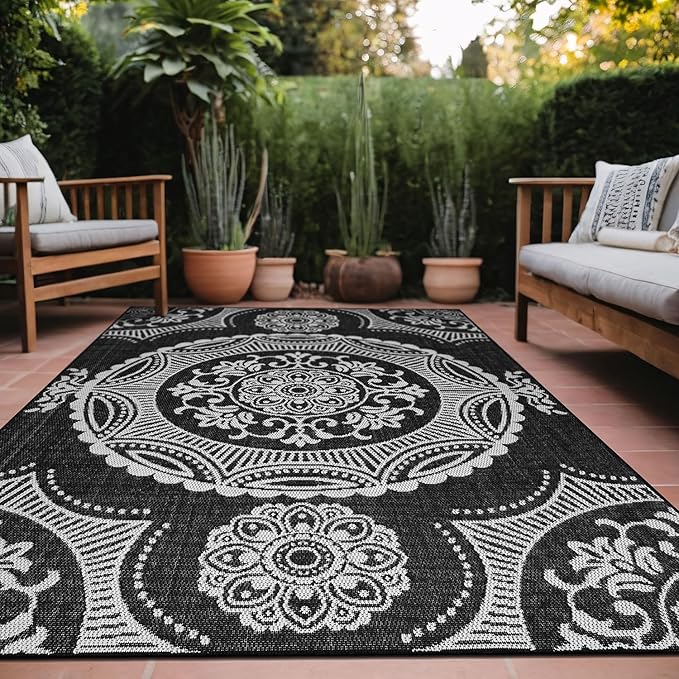 Medallion Outdoor Rug 8x10 Washable Outside Carpet for Indoor Patio Porch Waterproof Easy Cleaning Non Shedding Area Rugs Black 8 x 10