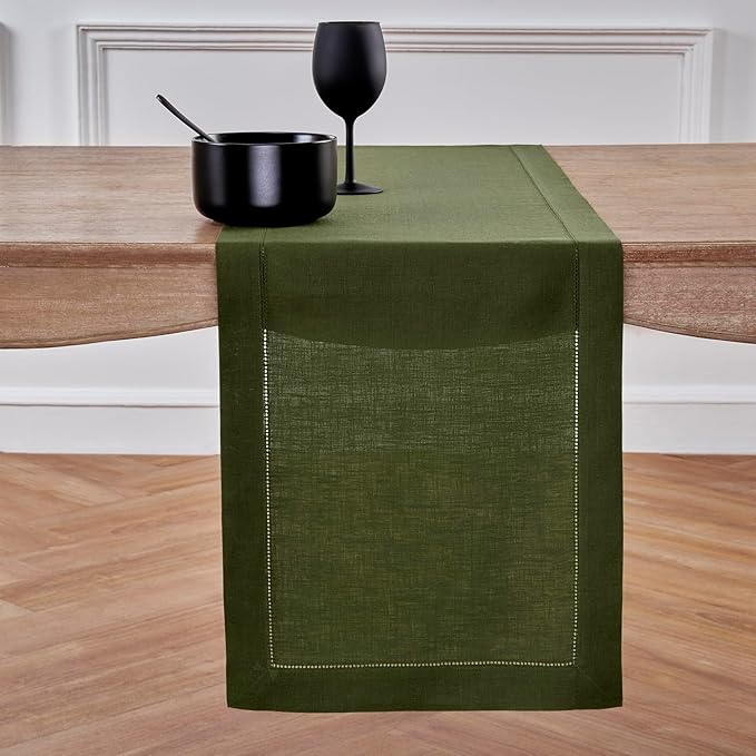 Solino Home Linen Olive Table Runner 120 Inches Long - 100% Pure Linen Hemstitch 14 x 120 Inch Table Runner for Dining, Fall, Autumn, Thanksgiving - Classic Hemstitch