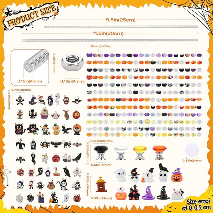 358PCS Halloween Beaded Garden Stakes, DIY Halloween Fairy Wand Garden Stake Decorative Kit with 12 in or 10 in Threaded Rod, Crystal Top, Large Holes Bead, Pendant for Outdoor or Indoor Decoration